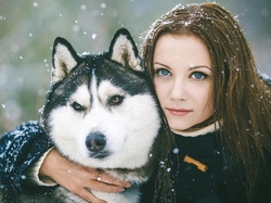 Śnieg, Kobieta, Alaskan Malamute